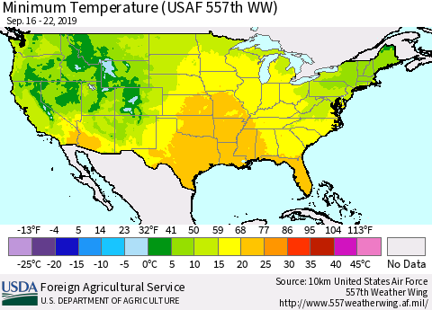 United States Mean Minimum Temperature (USAF 557th WW) Thematic Map For 9/16/2019 - 9/22/2019