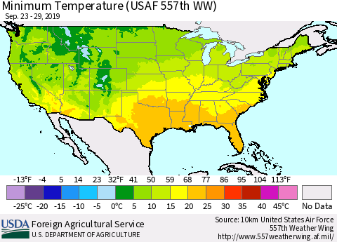 United States Mean Minimum Temperature (USAF 557th WW) Thematic Map For 9/23/2019 - 9/29/2019