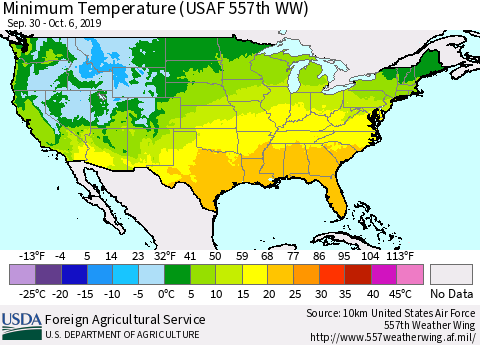 United States Mean Minimum Temperature (USAF 557th WW) Thematic Map For 9/30/2019 - 10/6/2019
