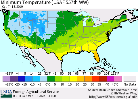 United States Mean Minimum Temperature (USAF 557th WW) Thematic Map For 10/7/2019 - 10/13/2019