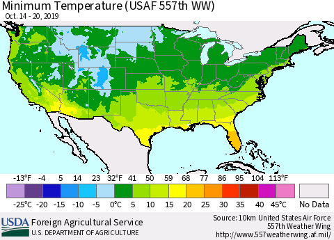 United States Mean Minimum Temperature (USAF 557th WW) Thematic Map For 10/14/2019 - 10/20/2019