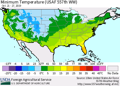 United States Mean Minimum Temperature (USAF 557th WW) Thematic Map For 10/21/2019 - 10/27/2019