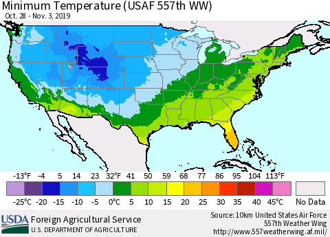 United States Mean Minimum Temperature (USAF 557th WW) Thematic Map For 10/28/2019 - 11/3/2019