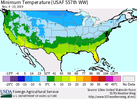 United States Mean Minimum Temperature (USAF 557th WW) Thematic Map For 11/4/2019 - 11/10/2019