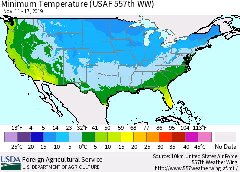 United States Mean Minimum Temperature (USAF 557th WW) Thematic Map For 11/11/2019 - 11/17/2019