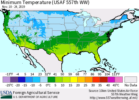United States Mean Minimum Temperature (USAF 557th WW) Thematic Map For 11/18/2019 - 11/24/2019