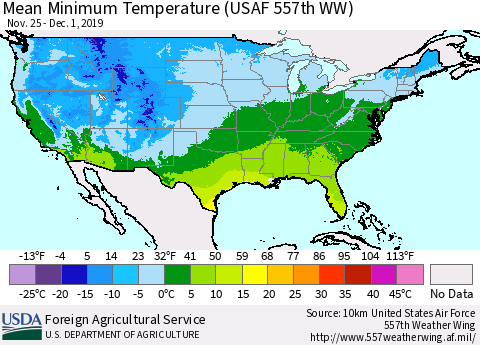 United States Mean Minimum Temperature (USAF 557th WW) Thematic Map For 11/25/2019 - 12/1/2019