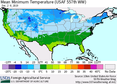United States Mean Minimum Temperature (USAF 557th WW) Thematic Map For 12/2/2019 - 12/8/2019