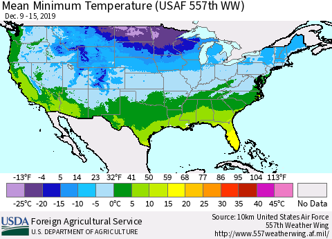 United States Mean Minimum Temperature (USAF 557th WW) Thematic Map For 12/9/2019 - 12/15/2019