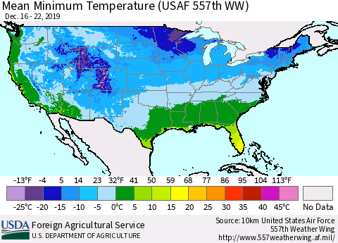 United States Mean Minimum Temperature (USAF 557th WW) Thematic Map For 12/16/2019 - 12/22/2019