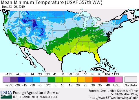 United States Mean Minimum Temperature (USAF 557th WW) Thematic Map For 12/23/2019 - 12/29/2019