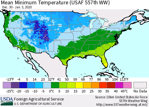 United States Mean Minimum Temperature (USAF 557th WW) Thematic Map For 12/30/2019 - 1/5/2020