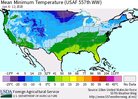 United States Mean Minimum Temperature (USAF 557th WW) Thematic Map For 1/6/2020 - 1/12/2020