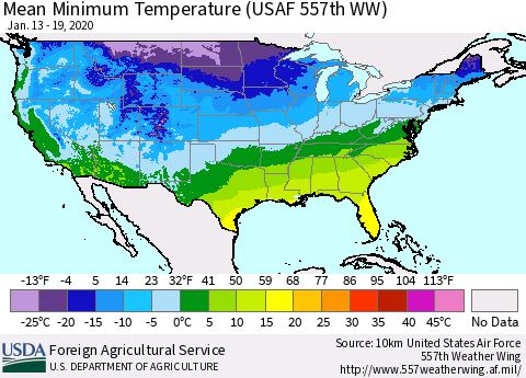 United States Mean Minimum Temperature (USAF 557th WW) Thematic Map For 1/13/2020 - 1/19/2020