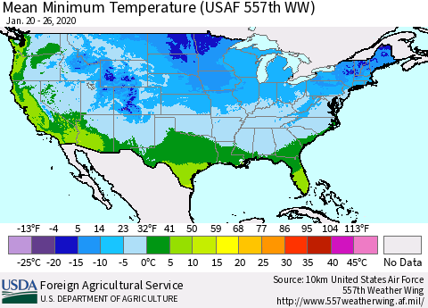 United States Mean Minimum Temperature (USAF 557th WW) Thematic Map For 1/20/2020 - 1/26/2020