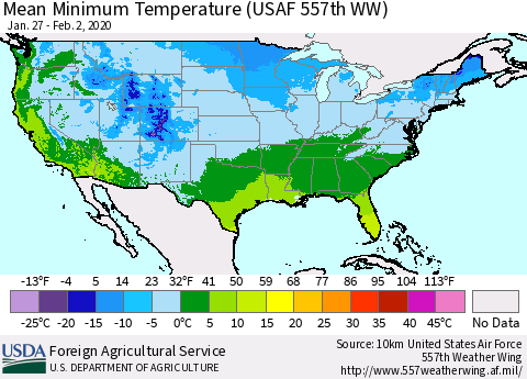 United States Mean Minimum Temperature (USAF 557th WW) Thematic Map For 1/27/2020 - 2/2/2020