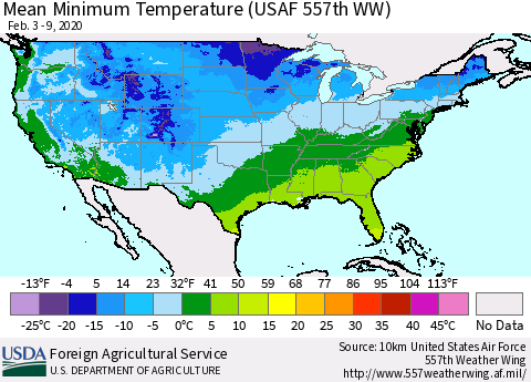 United States Mean Minimum Temperature (USAF 557th WW) Thematic Map For 2/3/2020 - 2/9/2020