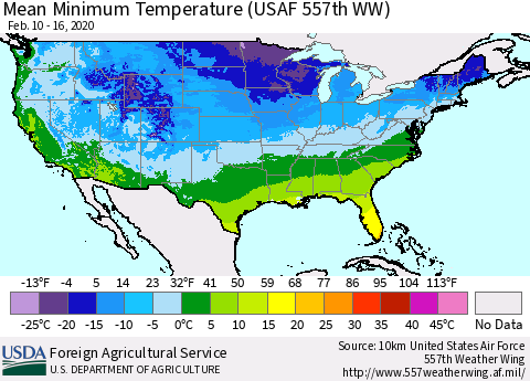 United States Mean Minimum Temperature (USAF 557th WW) Thematic Map For 2/10/2020 - 2/16/2020