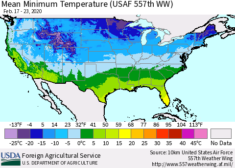 United States Mean Minimum Temperature (USAF 557th WW) Thematic Map For 2/17/2020 - 2/23/2020
