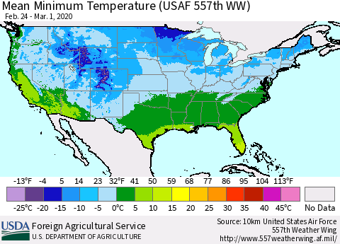 United States Mean Minimum Temperature (USAF 557th WW) Thematic Map For 2/24/2020 - 3/1/2020