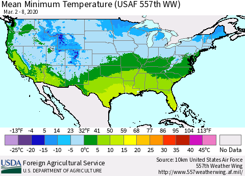 United States Mean Minimum Temperature (USAF 557th WW) Thematic Map For 3/2/2020 - 3/8/2020