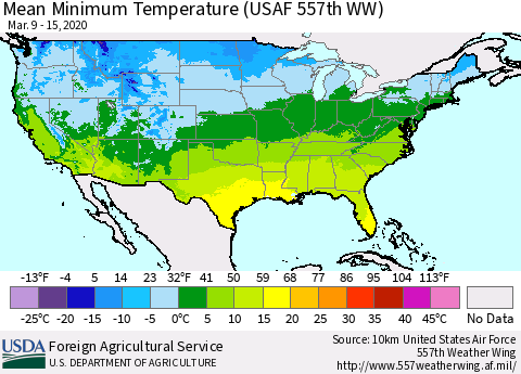 United States Mean Minimum Temperature (USAF 557th WW) Thematic Map For 3/9/2020 - 3/15/2020