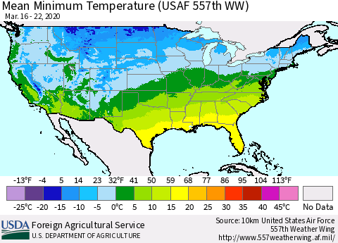 United States Minimum Temperature (USAF 557th WW) Thematic Map For 3/16/2020 - 3/22/2020