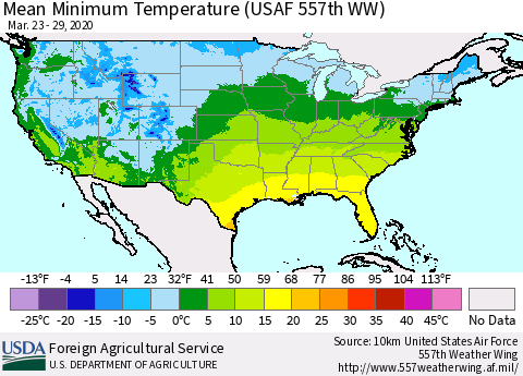 United States Minimum Temperature (USAF 557th WW) Thematic Map For 3/23/2020 - 3/29/2020
