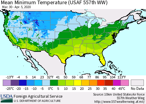 United States Minimum Temperature (USAF 557th WW) Thematic Map For 3/30/2020 - 4/5/2020