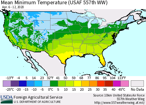 United States Minimum Temperature (USAF 557th WW) Thematic Map For 4/6/2020 - 4/12/2020