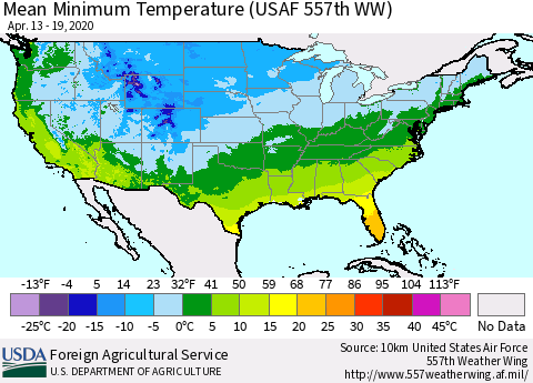 United States Minimum Temperature (USAF 557th WW) Thematic Map For 4/13/2020 - 4/19/2020