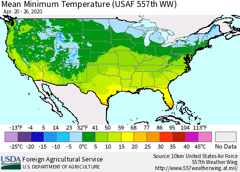 United States Minimum Temperature (USAF 557th WW) Thematic Map For 4/20/2020 - 4/26/2020