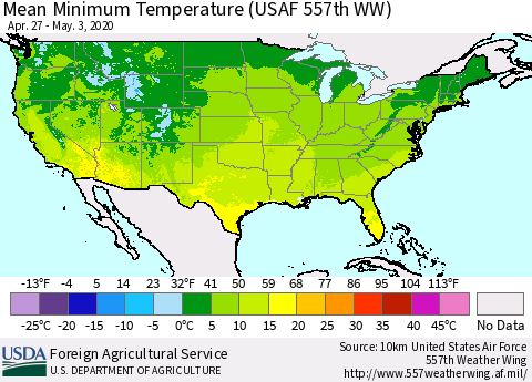 United States Mean Minimum Temperature (USAF 557th WW) Thematic Map For 4/27/2020 - 5/3/2020