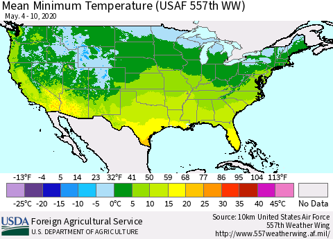 United States Minimum Temperature (USAF 557th WW) Thematic Map For 5/4/2020 - 5/10/2020