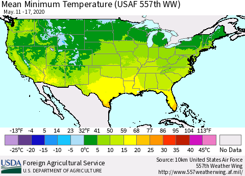 United States Minimum Temperature (USAF 557th WW) Thematic Map For 5/11/2020 - 5/17/2020