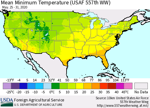 United States Mean Minimum Temperature (USAF 557th WW) Thematic Map For 5/25/2020 - 5/31/2020
