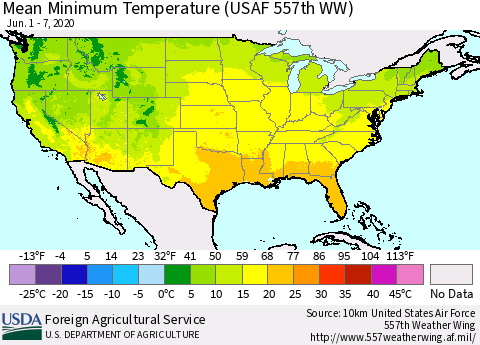 United States Mean Minimum Temperature (USAF 557th WW) Thematic Map For 6/1/2020 - 6/7/2020
