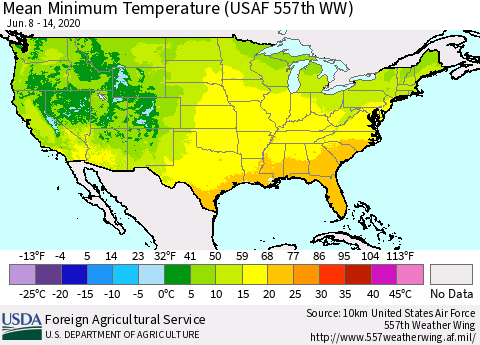United States Minimum Temperature (USAF 557th WW) Thematic Map For 6/8/2020 - 6/14/2020