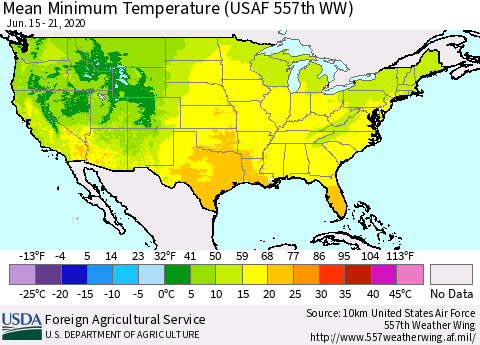 United States Minimum Temperature (USAF 557th WW) Thematic Map For 6/15/2020 - 6/21/2020