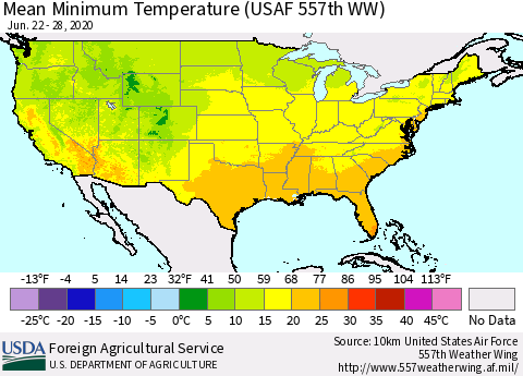 United States Mean Minimum Temperature (USAF 557th WW) Thematic Map For 6/22/2020 - 6/28/2020