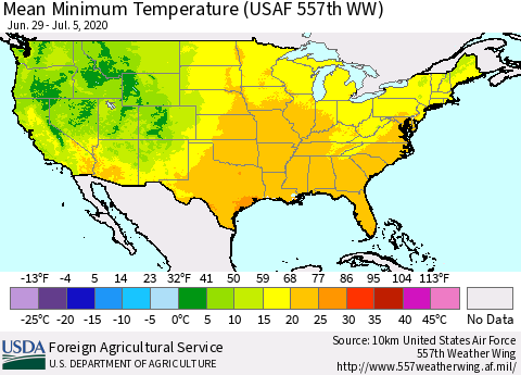 United States Mean Minimum Temperature (USAF 557th WW) Thematic Map For 6/29/2020 - 7/5/2020