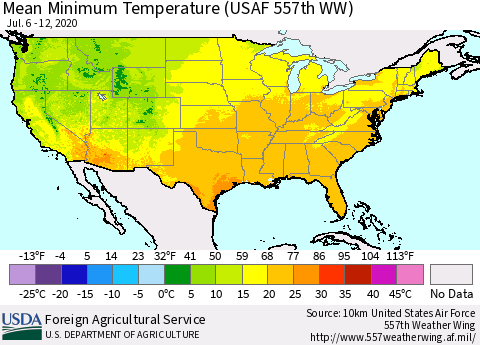 United States Minimum Temperature (USAF 557th WW) Thematic Map For 7/6/2020 - 7/12/2020