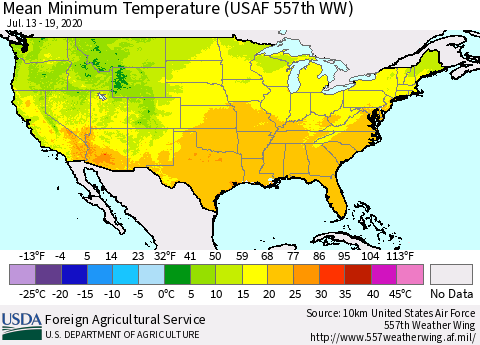 United States Minimum Temperature (USAF 557th WW) Thematic Map For 7/13/2020 - 7/19/2020