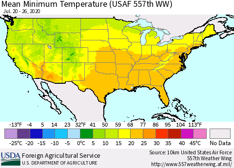 United States Mean Minimum Temperature (USAF 557th WW) Thematic Map For 7/20/2020 - 7/26/2020