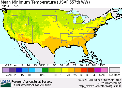 United States Minimum Temperature (USAF 557th WW) Thematic Map For 8/3/2020 - 8/9/2020