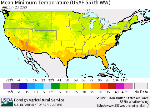 United States Minimum Temperature (USAF 557th WW) Thematic Map For 8/17/2020 - 8/23/2020
