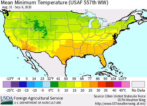 United States Minimum Temperature (USAF 557th WW) Thematic Map For 8/31/2020 - 9/6/2020