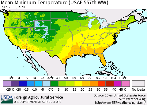 United States Mean Minimum Temperature (USAF 557th WW) Thematic Map For 9/7/2020 - 9/13/2020