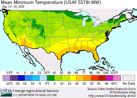 United States Minimum Temperature (USAF 557th WW) Thematic Map For 9/14/2020 - 9/20/2020