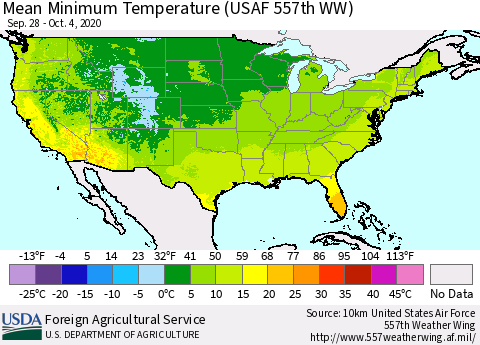 United States Minimum Temperature (USAF 557th WW) Thematic Map For 9/28/2020 - 10/4/2020